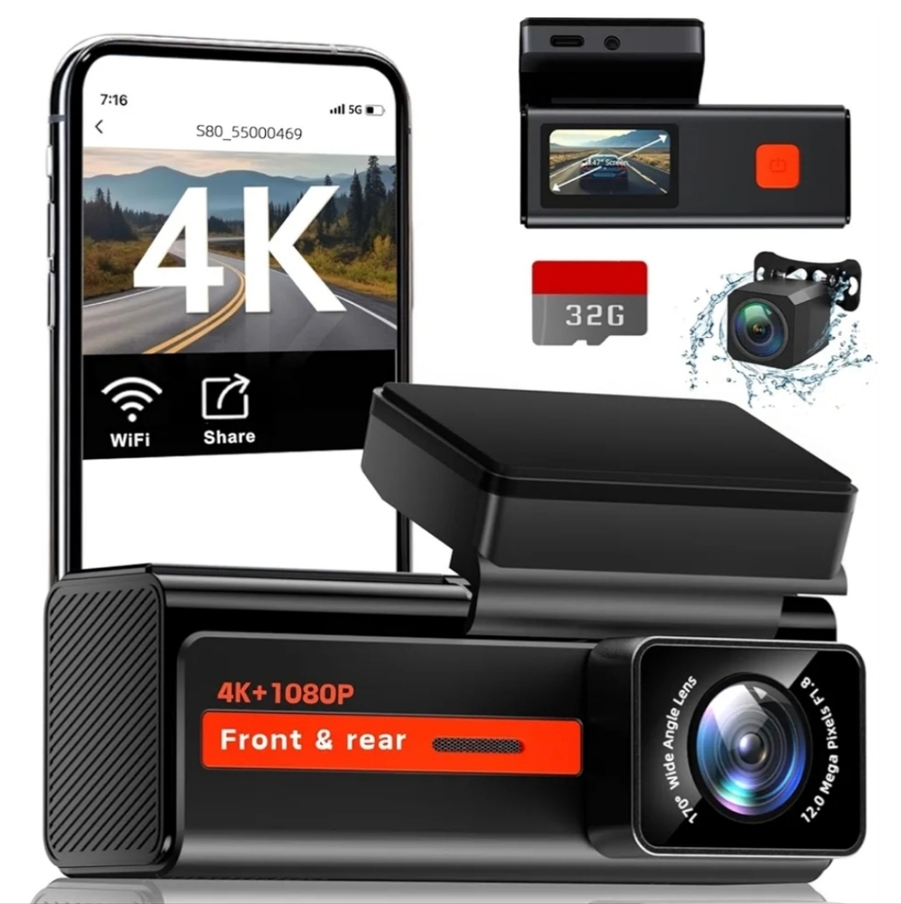 4K Dual Dash Cam with WiFi and 32GB Card